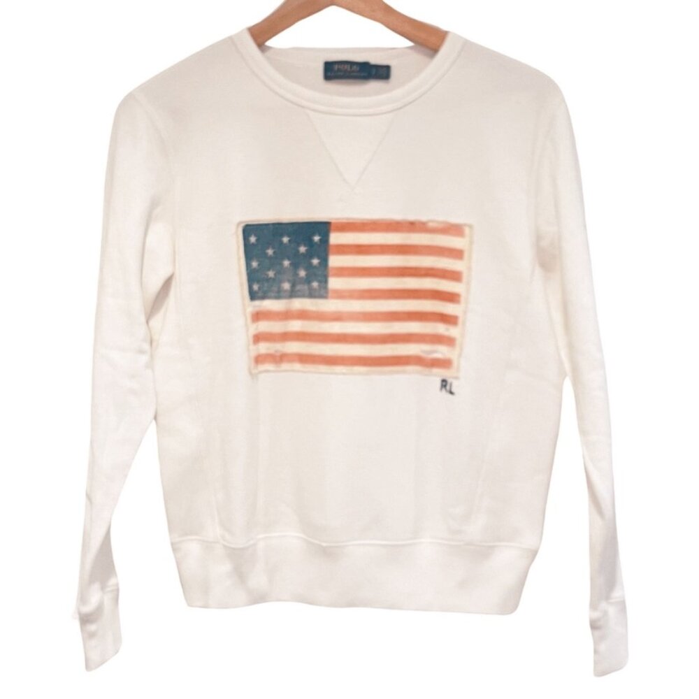Polo Ralph Lauren | White Vintage Distressed American Flag Pullover S